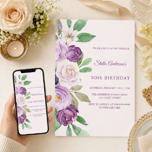 Invitation Fleurs rose pourpre rose pour anniversaire