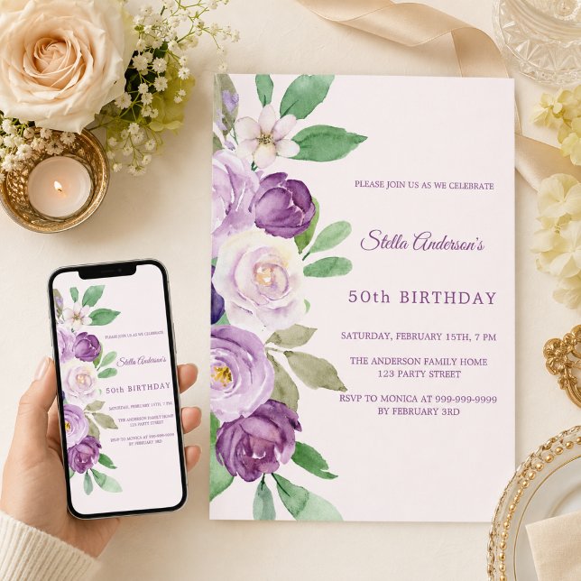 Invitation Fleurs rose pourpre rose pour anniversaire (Créateur téléchargé)