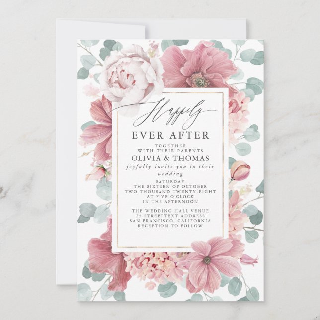 Invitation Fleurs rose poussiéreuse heureuses pour toujours m (Devant)