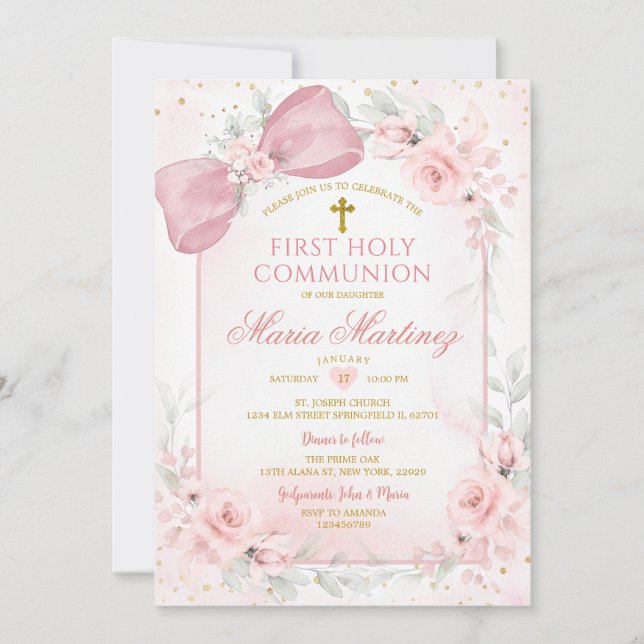 Invitation Fleurs Rose Poussiéreuse Nœud Papillon Fille Premi (Devant)