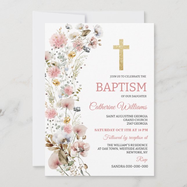 Invitation Fleurs Rose Poussiéreuses Baptême Élégant des Fill (Devant)