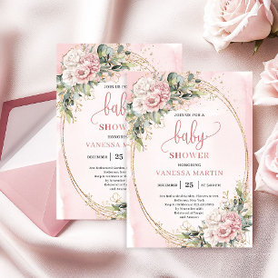 Invitation Fleurs Rose Poussiéreuses Fantaisistes Fête de Béb