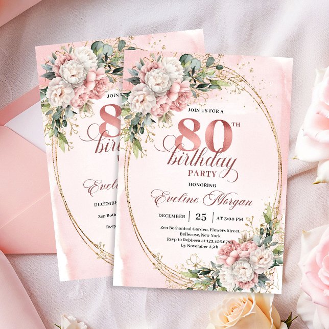 Invitation Fleurs Rose Poussiéreux Chic Eucalyptus 80e Annive (Chic Dusty Pink Flowers Eucalyptus 80th Birthday Invite)