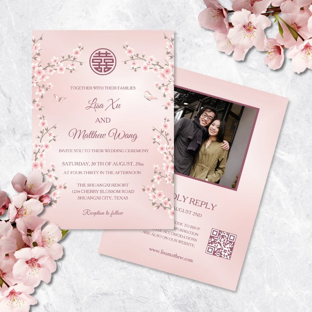 Invitation Fleurs Rose Poussiéreux | Code QR Photo Mariage Ch (Créateur téléchargé)