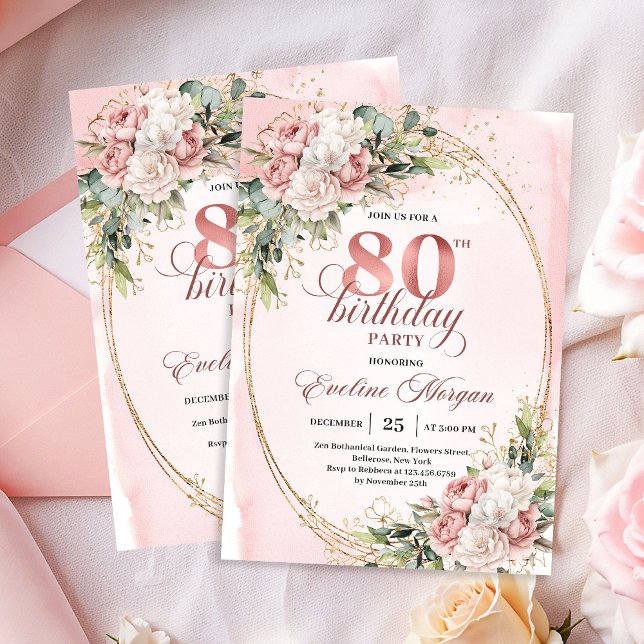 Invitation Fleurs Rose Poussiéreux Eucalyptus Or 80e Annivers (Dusty Pink Flowers Eucalyptus Gold 80th Birthday Invite)