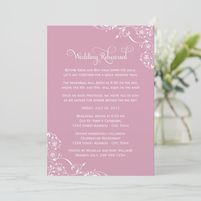 Invitation Fleurs rose poussiéreux Mariage Répétition (Debout devant)