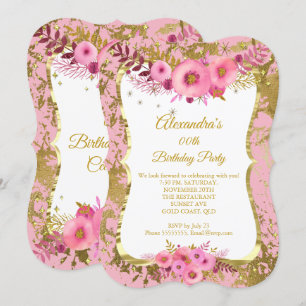 Invitation Fleurs Rose Rougeâtre Fête d'Anniversaire Or 2
