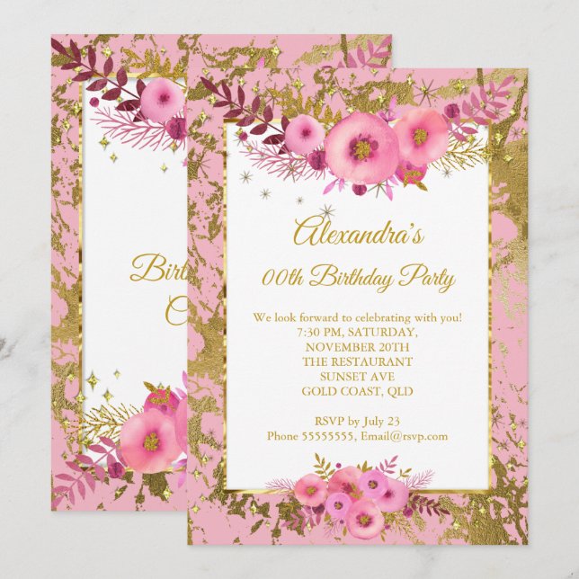 Invitation Fleurs Rose Rougissant Or Fête d'Anniversaire (Devant / Derrière)