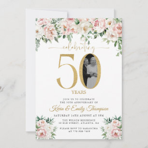 Invitation Fleurs Rose Rougissant Photo 50e Anniversaire