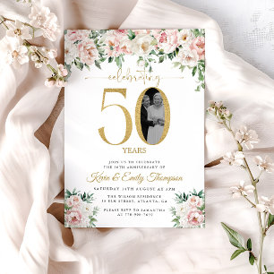 Invitation Fleurs Rose Rougissant Photo 50e Anniversaire