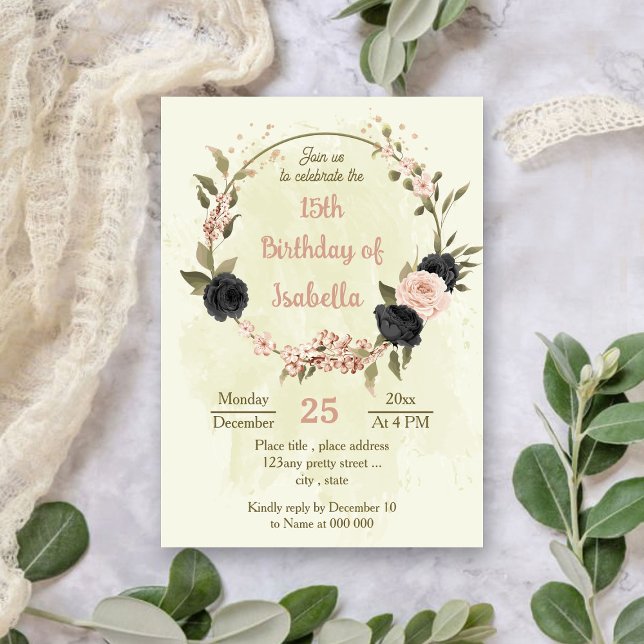 Invitation Fleurs rose rousse noire anniversaire botanique (Créateur téléchargé)