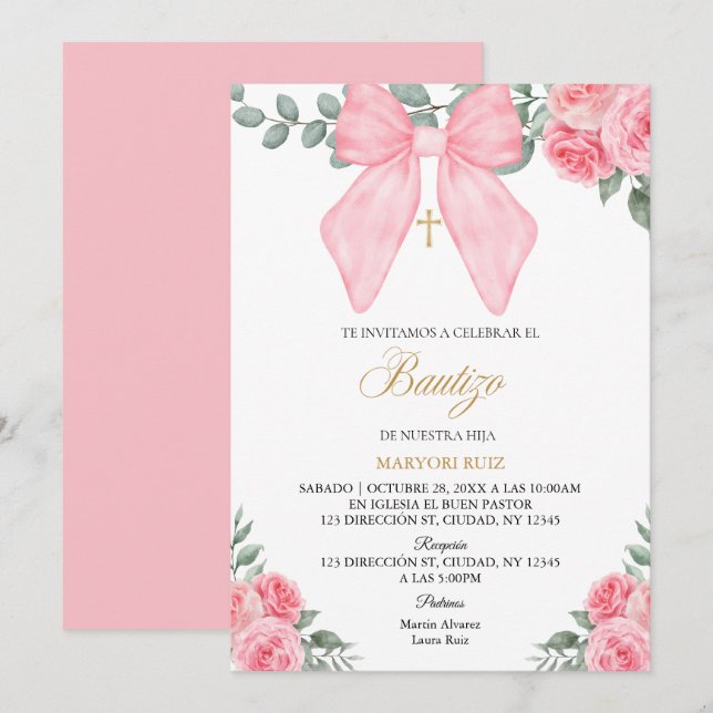 Invitation Fleurs rose ruban rose espagnol fille Baptême (Devant / Derrière)