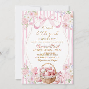 Invitation Fleurs rose saumon rayure douce arc-en-ciel Baby S