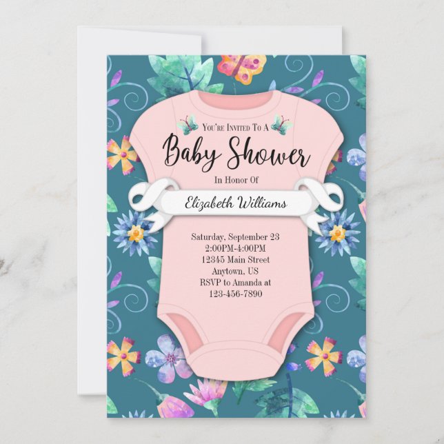 Invitation Fleurs rose Turquoise bleu Baby shower floral (Devant)