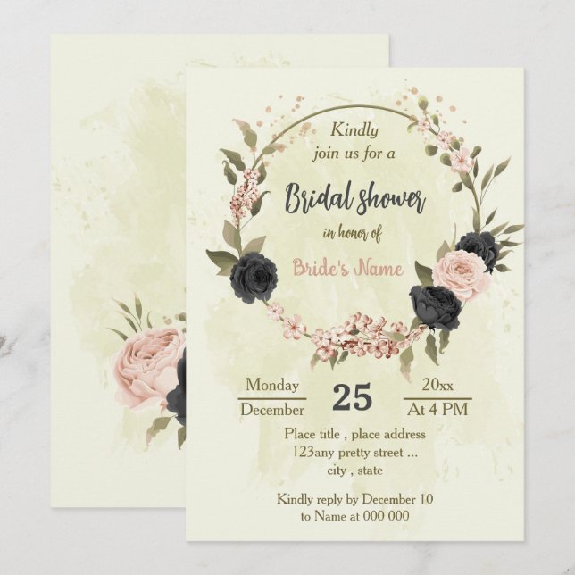Invitation fleurs rose vif noir douche botanique (Devant / Derrière)