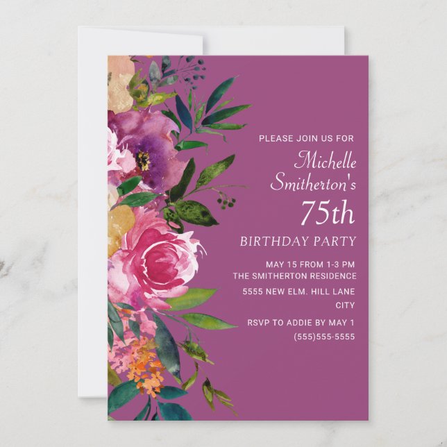 Invitation Fleurs rose violet jaune 75e anniversaire  (Devant)