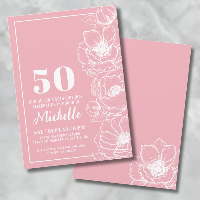 Invitation Fleurs roses 50e anniversaire (Pink Floral 50th Birthday Invitation )