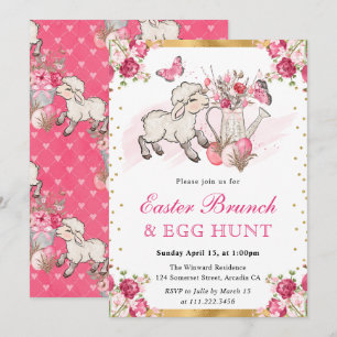 Invitation Fleurs roses à l'aquarelle Agneau mignon Brunch de