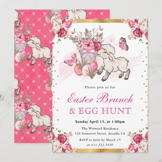 Invitation Fleurs roses à l'aquarelle Agneau mignon Brunch de (Devant / Derrière)