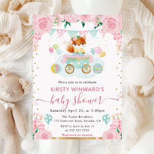 Invitation Fleurs roses à l'aquarelle Baby Shower Renard