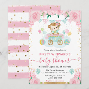 Invitation Fleurs roses à l'aquarelle Baby Shower Singe