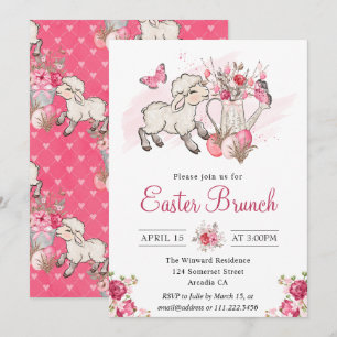 Invitation Fleurs roses à l'aquarelle et brunch de Pâques ave