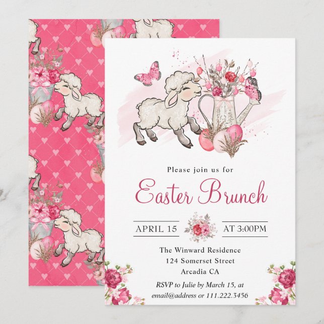 Invitation Fleurs roses à l'aquarelle et brunch de Pâques ave (Devant / Derrière)