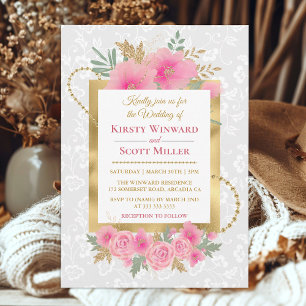 Invitation Fleurs roses à l'aquarelle mariage paillettes feui