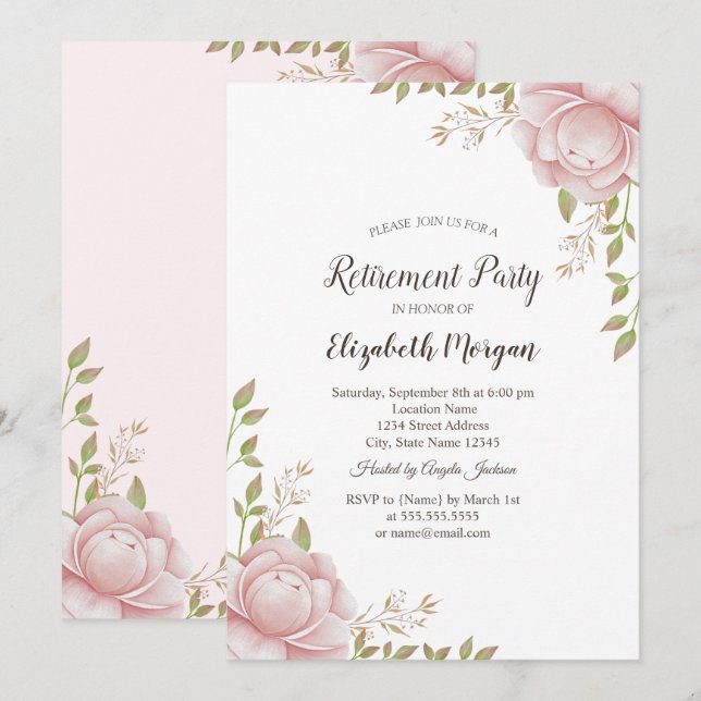 Invitation Fleurs roses à l'aquarelle pour la retraite   (Devant / Derrière)