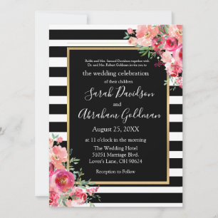 Invitation Fleurs Roses à Rayures Noires et Blanches Mariage