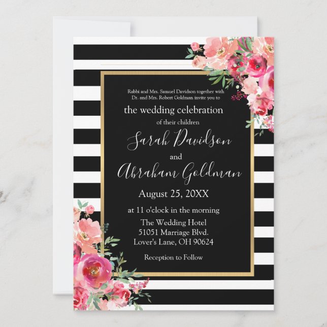 Invitation Fleurs Roses à Rayures Noires et Blanches Mariage  (Devant)