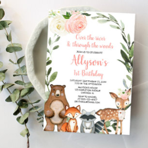 Invitation Fleurs roses animaux de bois fille 1er anniversair