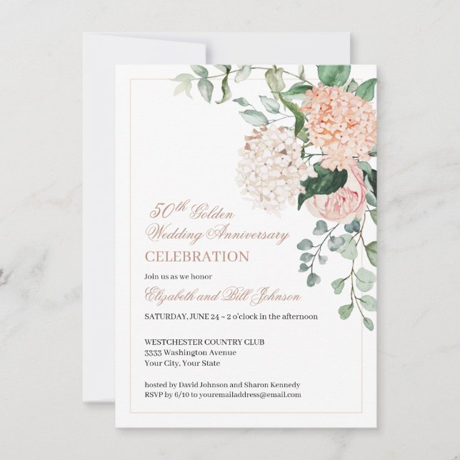 Invitation Fleurs roses aquarelle 50e anniversaire de mariage (Devant)