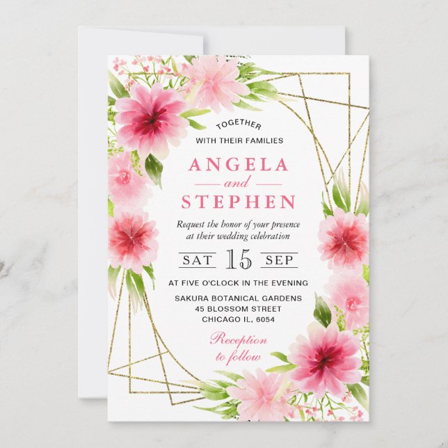 Invitation Fleurs Roses Aquarelle Cadre Doré Mariage (Devant)