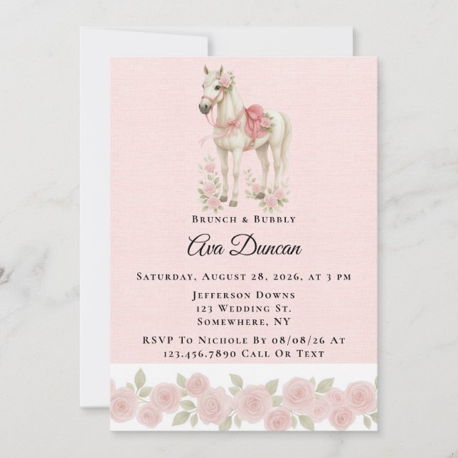 Invitation Fleurs roses Aquarelle Cheval Brunch & Bubbly (Devant)