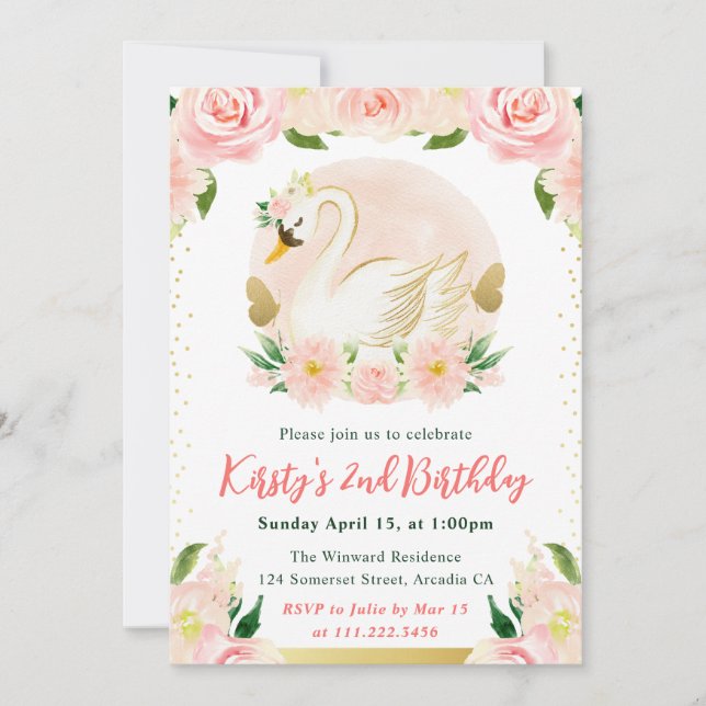 Invitation Fleurs roses aquarelle et anniversaire cygne (Devant)