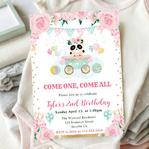 Invitation Fleurs roses aquarelle Panda Anniversaire Enfants