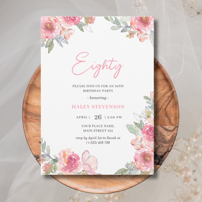 Invitation Fleurs roses aquarelle pour 80e anniversaire chic (Créateur téléchargé)