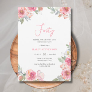 Invitation Fleurs roses aquarelle Quarante Anniversaire Bohèm