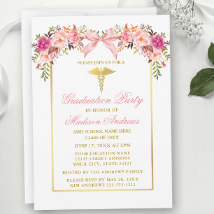 Invitation Fleurs Roses Aquarelle Ruban Rose Fête de Remise d