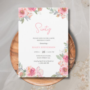 Invitation Fleurs roses aquarelle Soixante Anniversaire Bohèm