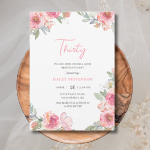 Invitation Fleurs roses aquarelles trente boho chic anniversa