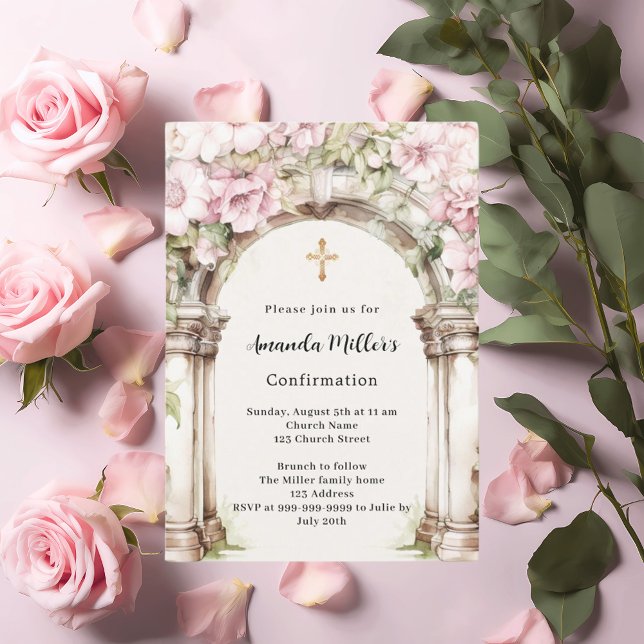 Invitation Fleurs roses arche beige fille Confirmation (Créateur téléchargé)