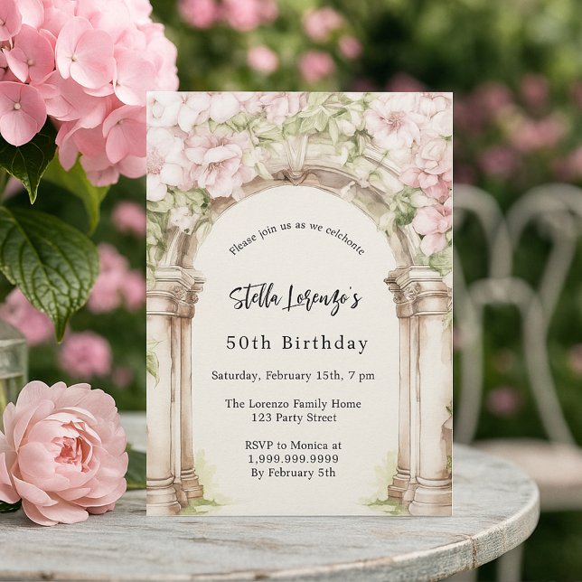 Invitation Fleurs roses arche de luxe beige anniversaire (Créateur téléchargé)
