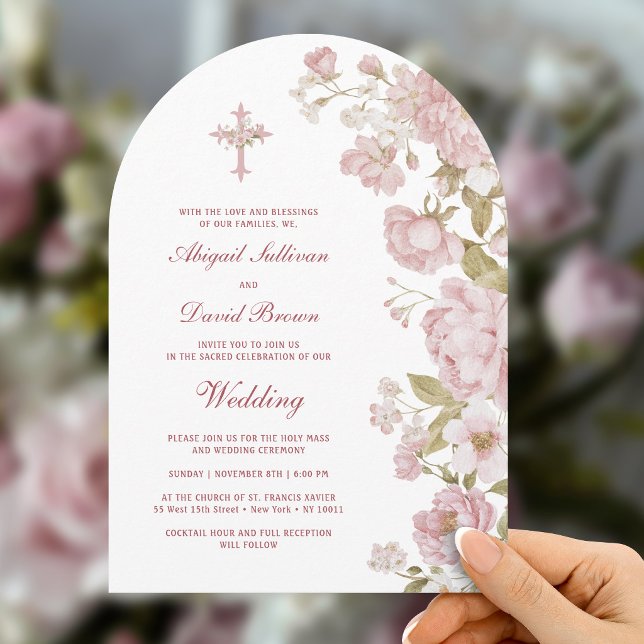 Invitation Fleurs Roses Arche Mariage Religieux (Créateur téléchargé)