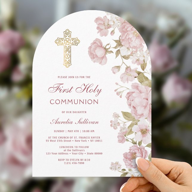 Invitation Fleurs Roses Arche Première Communion (Créateur téléchargé)