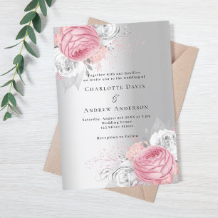 Invitation Fleurs roses argent mariage élégant