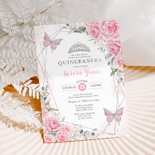 Invitation Fleurs Roses Argent Papillon Quinceañera Anniversa