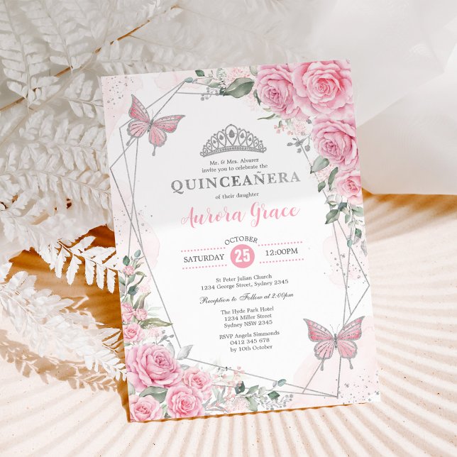 Invitation Fleurs Roses Argent Papillon Quinceañera Anniversa (Créateur téléchargé)