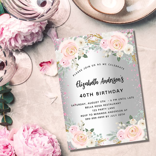Invitation Fleurs roses argentées parties scintillant luxe (Créateur téléchargé)